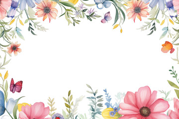 Watercolor Flower border frame isolated on transparent background. PNG file, cut out