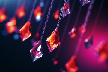 Warm coloured crystals and drops floating in a straight line 