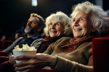 Senior woman and man watching cinema with popcorn	 - obrazy, fototapety, plakaty