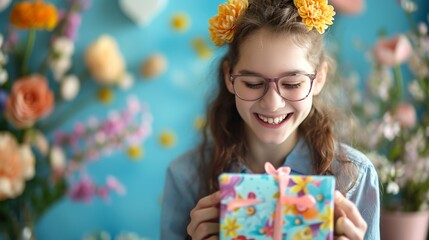 Happy teenager excitedly unwrapping a colorful Easter present with a backdrop of blossoming spring flowers