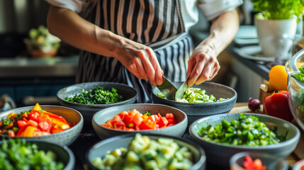 Obraz na płótnie Canvas In a well-lit kitchen, a chef chops fresh vegetables. The vibrant scene features an array of colorful, freshly cut veggies in bowls, creating an appetizing atmosphere.