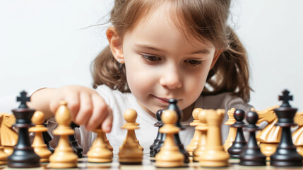 Little girl playing chess on white background