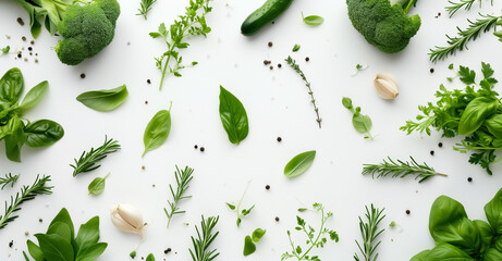 Fresh green herbs and vegetables including basil, rosemary, parsley, broccoli, cucumber, and garlic cloves scattered artistically on a white background. Black peppercorns are sprinkled around. - obrazy, fototapety, plakaty