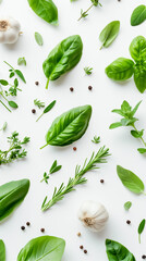 Fresh herbs and spices including basil, garlic, rosemary, sage, and parsley, artistically arranged on a white background , ideal for culinary concepts.