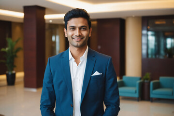 young age south asian businessman standing in modern hotel lobby - obrazy, fototapety, plakaty