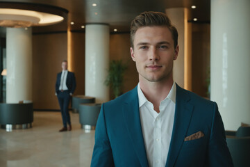 young age caucasian businessman standing in modern hotel lobby