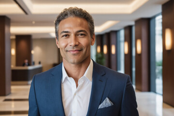 middle age multiracial businessman standing in modern hotel lobby