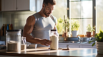 Muscular man with a jar of protein or gainer powder at home in the kitchen. Concept of sports nutrition and recovery after training in the gym. - obrazy, fototapety, plakaty