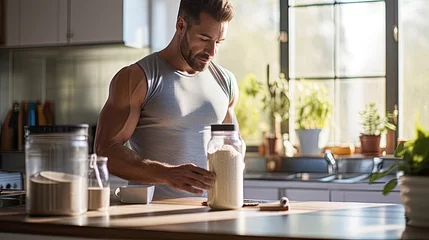 Poster Muscular man with a jar of protein or gainer powder at home in the kitchen. Concept of sports nutrition and recovery after training in the gym. © OleksandrZastrozhnov