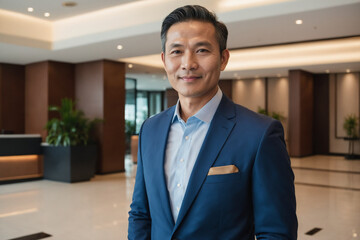 middle age southeast asian businessman standing in modern hotel lobby