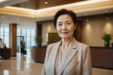 old age east asian businesswoman standing in modern hotel lobby - obrazy, fototapety, plakaty