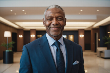 old age black businessman standing in modern hotel lobby - obrazy, fototapety, plakaty