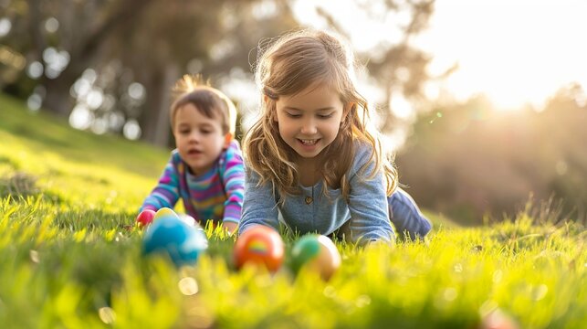 Playful siblings engaged in a friendly Easter egg race, rolling eggs down a grassy slope