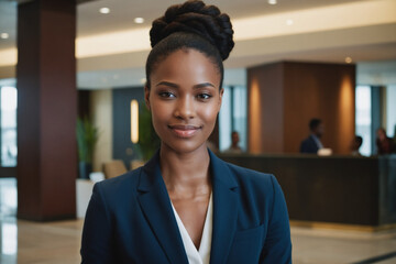 young age black businesswoman standing in modern hotel lobby - obrazy, fototapety, plakaty