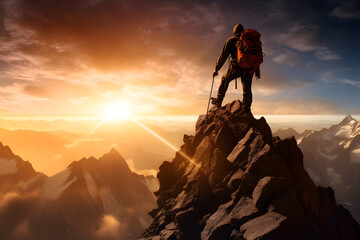 mountain climber reaching the summit. Image of young man mountaineer standing atop of rock .