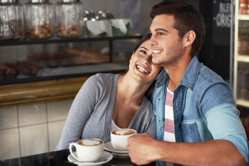 Love, happy couple and drinking coffee in shop, cafe and bonding together on valentines day date. Smile, man and woman in restaurant with latte for connection, commitment and support in relationship - obrazy, fototapety, plakaty