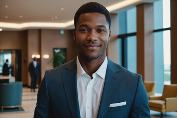 Naklejka premium young age black businessman standing in modern hotel lobby