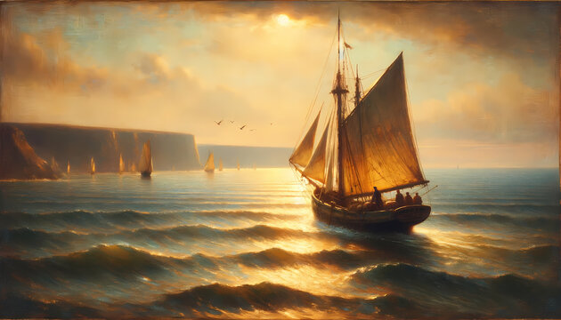 sailing ship in the sunset classic painting