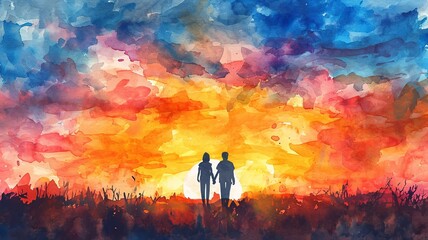 Obraz na płótnie Canvas Romantic Sunset Silhouettes Watercolor Painting