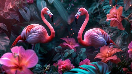 pink flamingos and exotic tropical flowers pattern, hdr, vibrant lighting