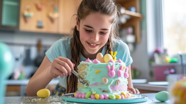 Teenage Girl With A Smile Making An Easter Cake With Chocolate Bunnies And Vibrant Icing