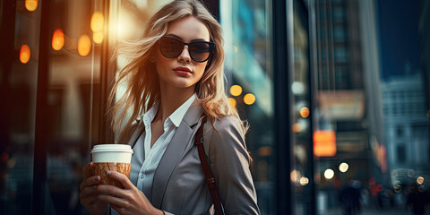 Business woman with a disposable cup of coffee or tea on a city street with glass showcases...