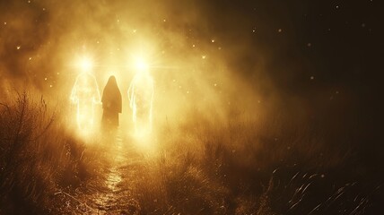 Obraz premium Road to Emmaus: Biblical Scene with Subtle Glowing Jesus