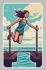 Retro Jumping Joy, Illustrated Seaside Fun