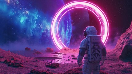 astronaut walking to a neon portal on another planet in high definition and QUALITY