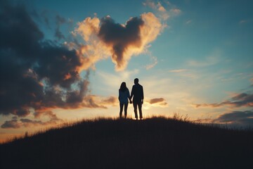 Fototapeta premium A couple in love standing on a hill at sunset. A heart-shaped cloud above them. Feast of Love.