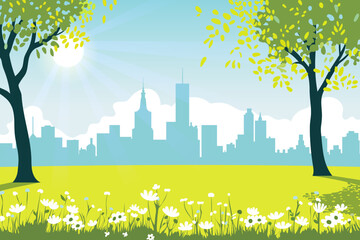 Beautiful summer green meadow with flowers and trees in the park against the backdrop of silhouettes of city buildings and bright rays of the sun. Vector illustration in cartoon flat style for design.