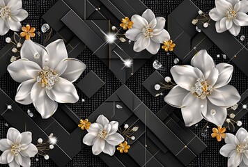 HD wallpaper with white gold flowers, in the style of patchwork patterns, modern jewelry, black paintings, gemstone, 8k 3d, light gray and black, mundane materials.