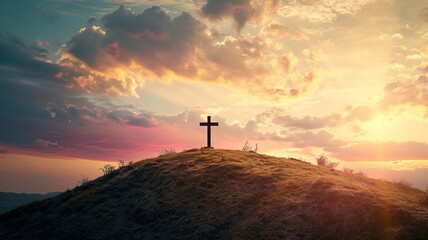 Serene Cross at Mountain Sunset

