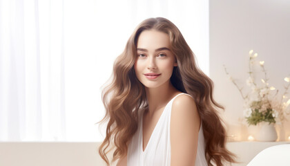 Obraz na płótnie Canvas Glamorous Wavy Hairstyle: Portrait of a Young Caucasian Woman with Smooth and Shiny Hair - Banner of Wellness, Elegance, and Natural Beauty in a Studio Setting