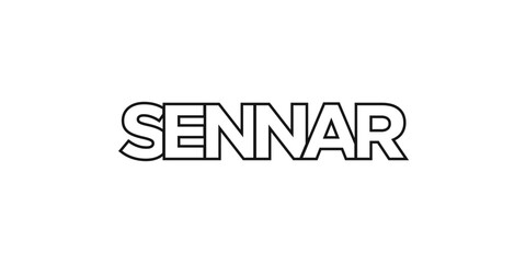 Sennar in the Sudan emblem. The design features a geometric style, vector illustration with bold typography in a modern font. The graphic slogan lettering.