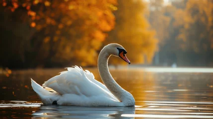 Deurstickers White swan floating in the lake on the background of autumn woods © Alina Zavhorodnii