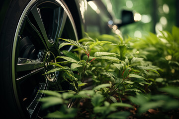 modern car in the forest, wheel rim and plants, ecology concerns