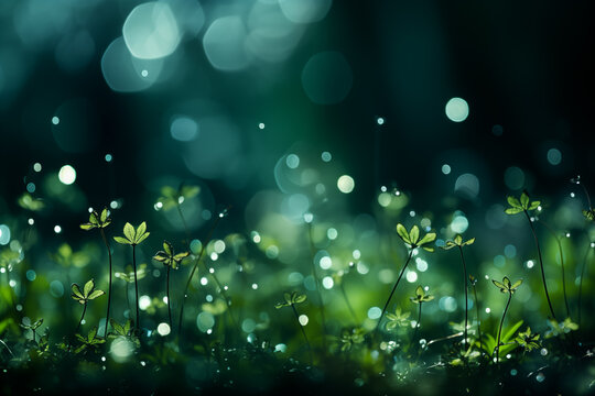 water drops on green nature bokeh background, close up of plants under the rain