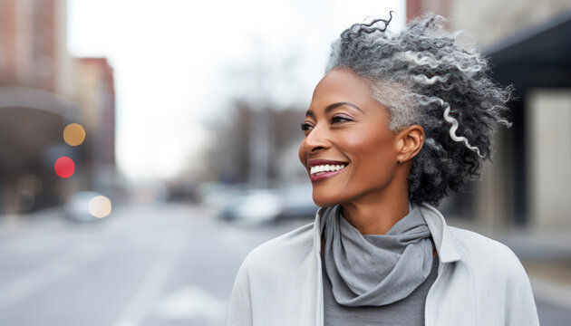 Graceful Diversity: Confident African American Woman Embracing Nature - Portrait of Beauty, Style, and Happiness in the City - Banner of Ageless Lifestyle