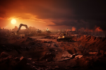 excavator and bulldozer working in ruin site at sunset - obrazy, fototapety, plakaty