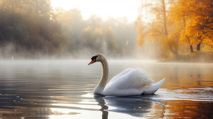 White swan floating in the lake on the background of autumn woods - obrazy, fototapety, plakaty