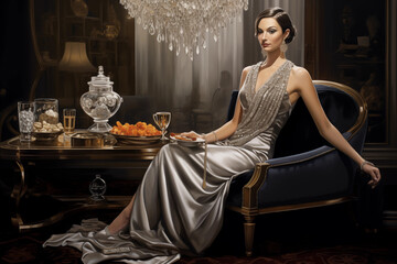 glamour portrait of a elegant woman in luxurious dress having a drink in a palace