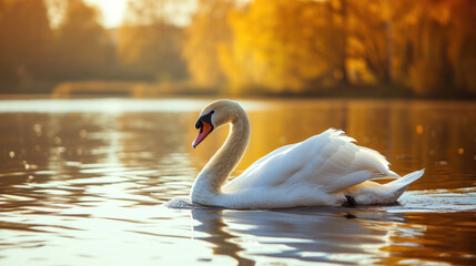 White swan floating in the lake on the background of autumn woods - obrazy, fototapety, plakaty