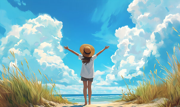 Young woman by the sea on vacation. Summer holidays illustration.