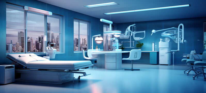 The medical office is spacious, blue in color, generative AI
