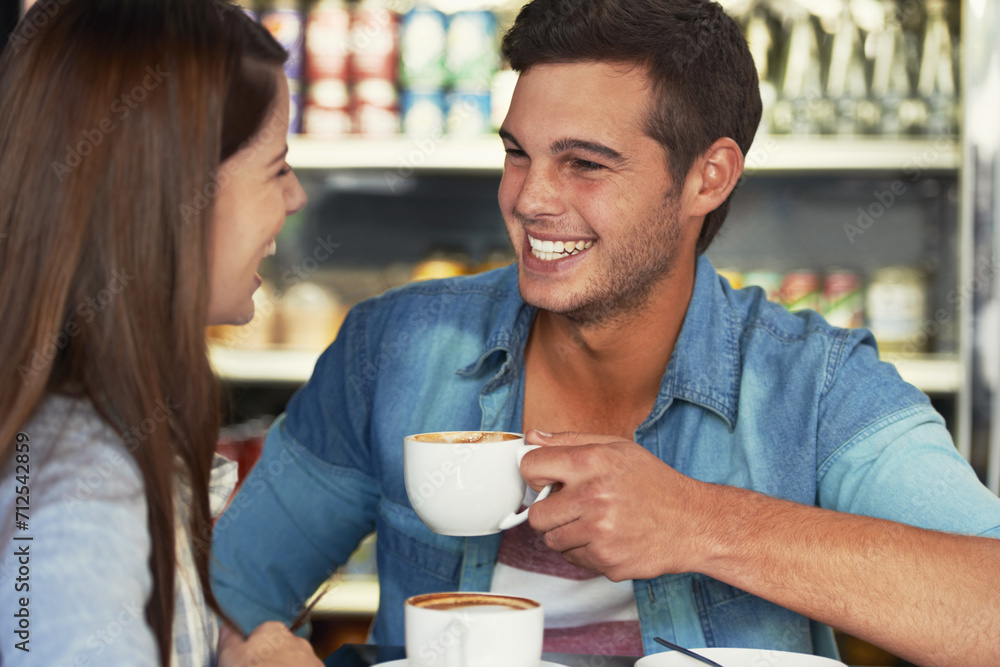 Poster Love, happy and couple drinking coffee in cafe, care and bonding together on valentines day date. Funny man, woman in restaurant and latte for conversation, laughing at joke and relationship in shop