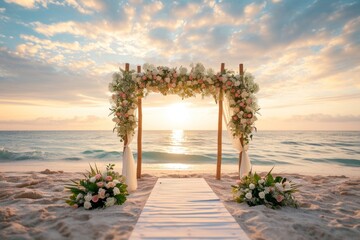 the seaside elegance of a sunset wedding with a floral arch, creating a timeless and beautiful scene