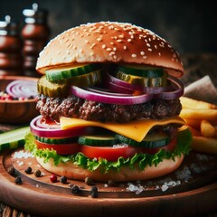 Grilled beef angus burger with cheese , Hamburger with grilled beef and vegetables