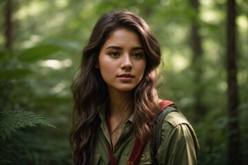 A Portrait of Young Female Scout in the Enchanting Green Forest, Illuminated by the Mysterious Glow of Nighttime Adventure