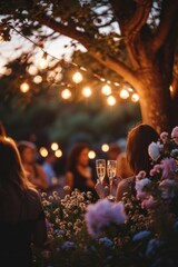 Twilight Garden Party Toast with Sparkling Champagne and Blossoming Floral Ambiance. Generative AI